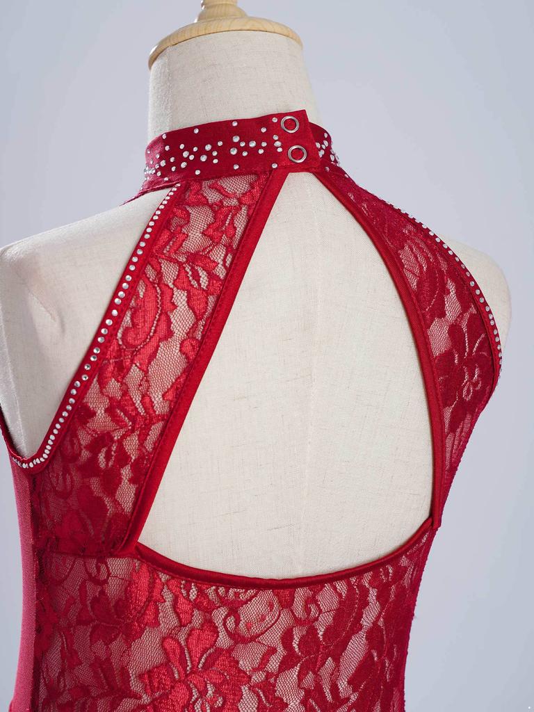 Girls Modern Lyrical Dance Dress Floral Lace Patchwork Cutout Back Rhinestones Leotard Stage Performance Dress