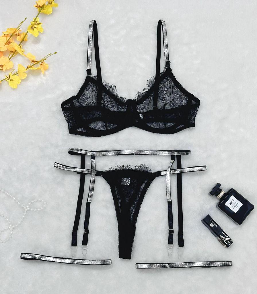 Hot-Selling European & American Sexy Lace Diamond Thong Garter Set - 4 Pieces