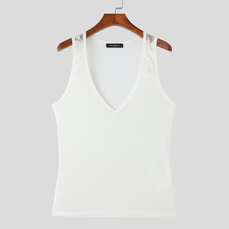 INCERUN Letní pánské tílko s V výstřihem, bez rukávů, s krajkovými ramínky, úzké, ležérní