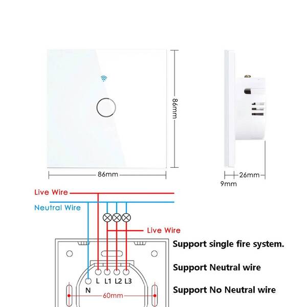 WiFi EU Light Wall Touch Switch 220V No Need Neutral Wire Tuya Smart Life Work with Alexa Google Home 1/2/3Gang
