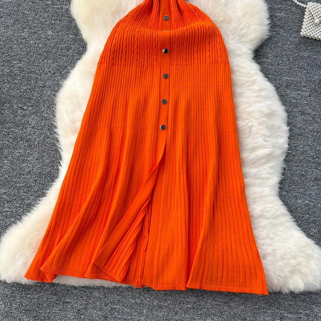 Sommer Damen Elegant V-Ausschnitt Designer Stickerei Buchstaben Strickpullover Einreihig Lange Midi Kleider