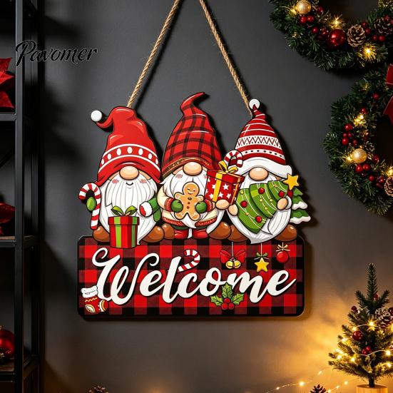 Decorative Christmas Gnome Craft Wooden Hanging Pendant, Cartoon Ornament, Merry Rustic Holiday Wall Decor Door Sign for Home Shop Party Decoration
