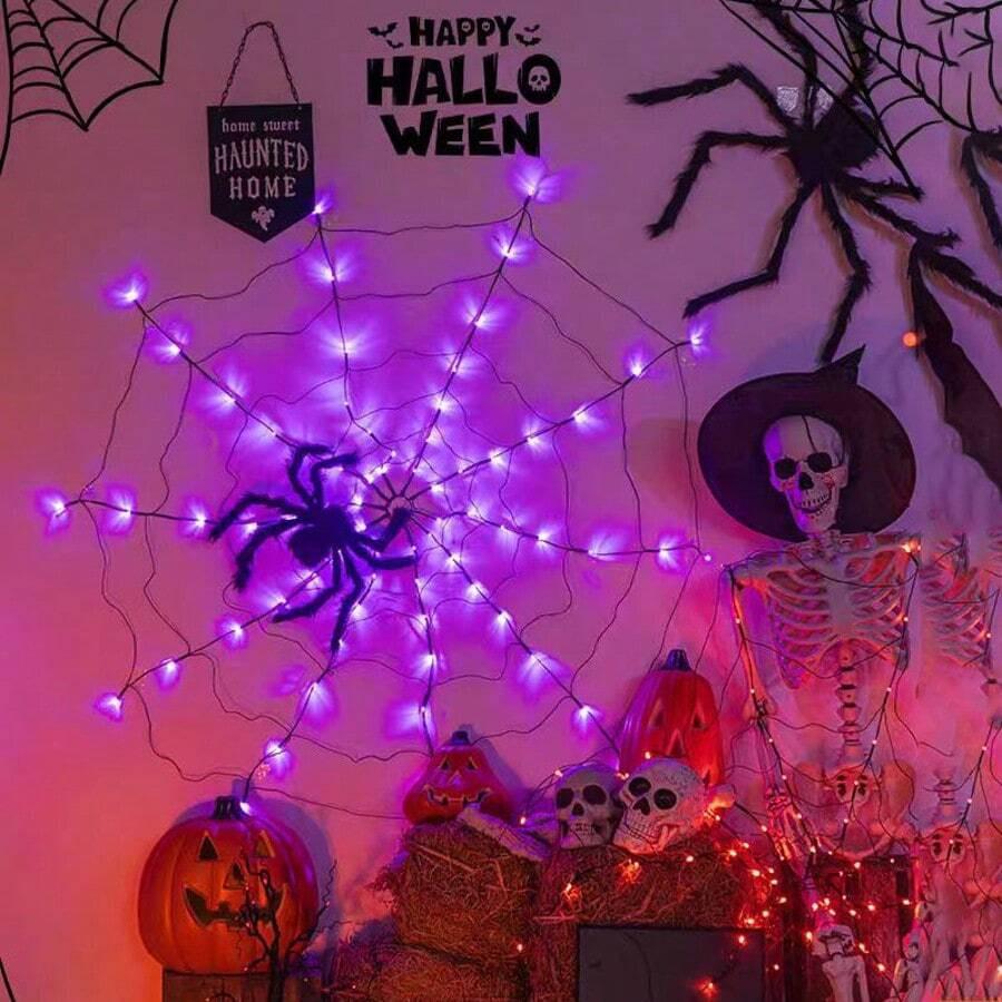 Halloween LED Spider Web Lights with Remote Control - Atmospheric Wall Decorations