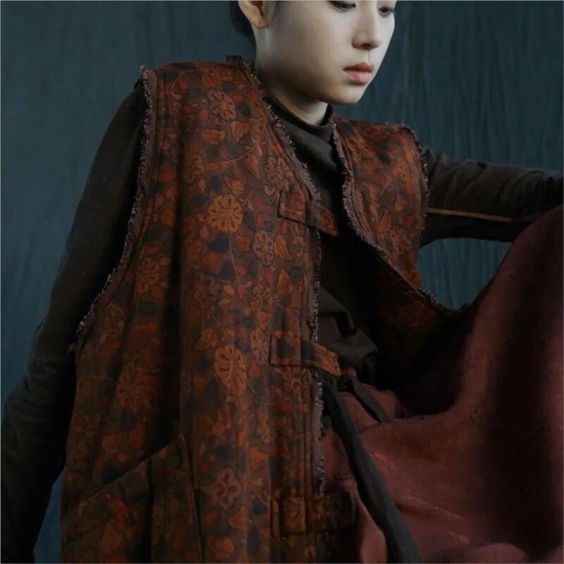 Johnature Women Vintage Print Floral Long Vests Coats V-Neck Spring Button Chinese Style Pockets Women Vests Coats