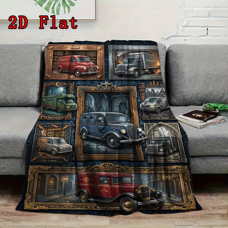 Vintage Delivery Vehicles 2D Flat Pattern Flannel Blanket, High Quality All Seasons, Home Decor, Warmth and Comfort, Perfect for Christmas Gifts.