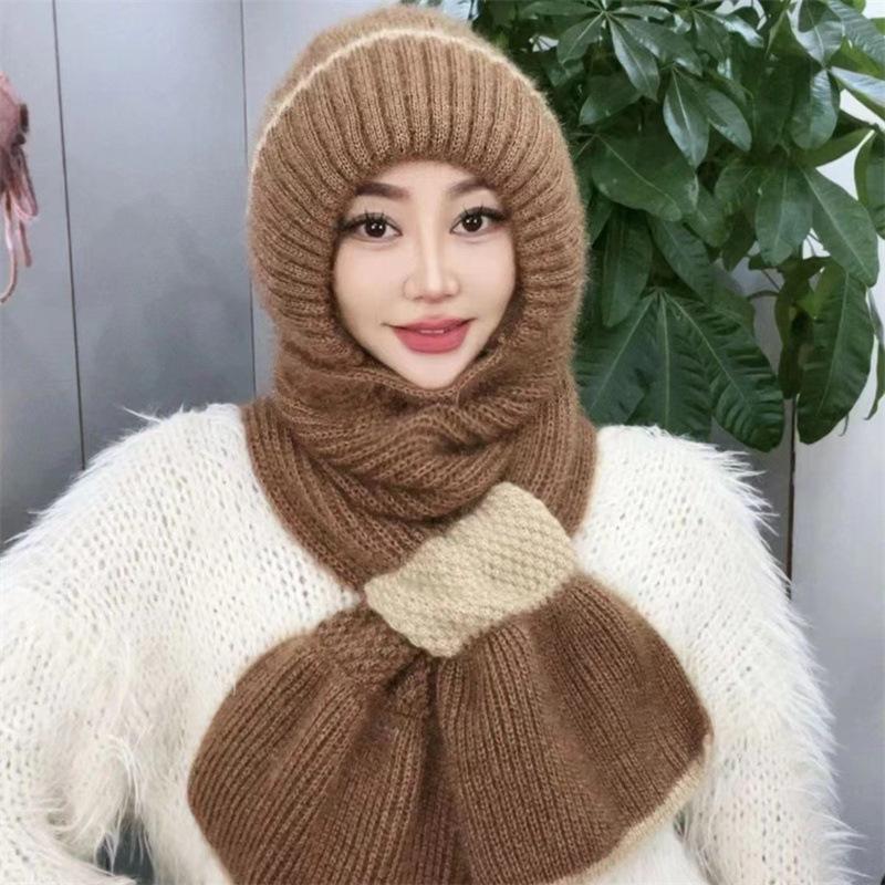 Scarf One-piece Hat Women's Winter Velvet Anti-wind and Cold Scarf One-piece Knitted Wool Hat Outdoor Middle-aged Hat