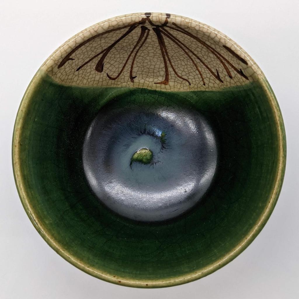Utsuwa Roan Seto Ware Rokubei Rice Bowl with High Base, Approximately 12cm, Oribe Style, Chrysanthemum Pattern, Made In Japan, Green, 007-0006