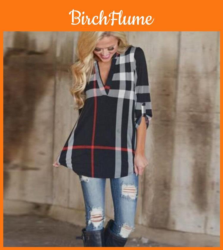 Womens Blouse Striped Plaid Long Sleeve Ladies Top T Shirt Loose Casual Fashionable Design