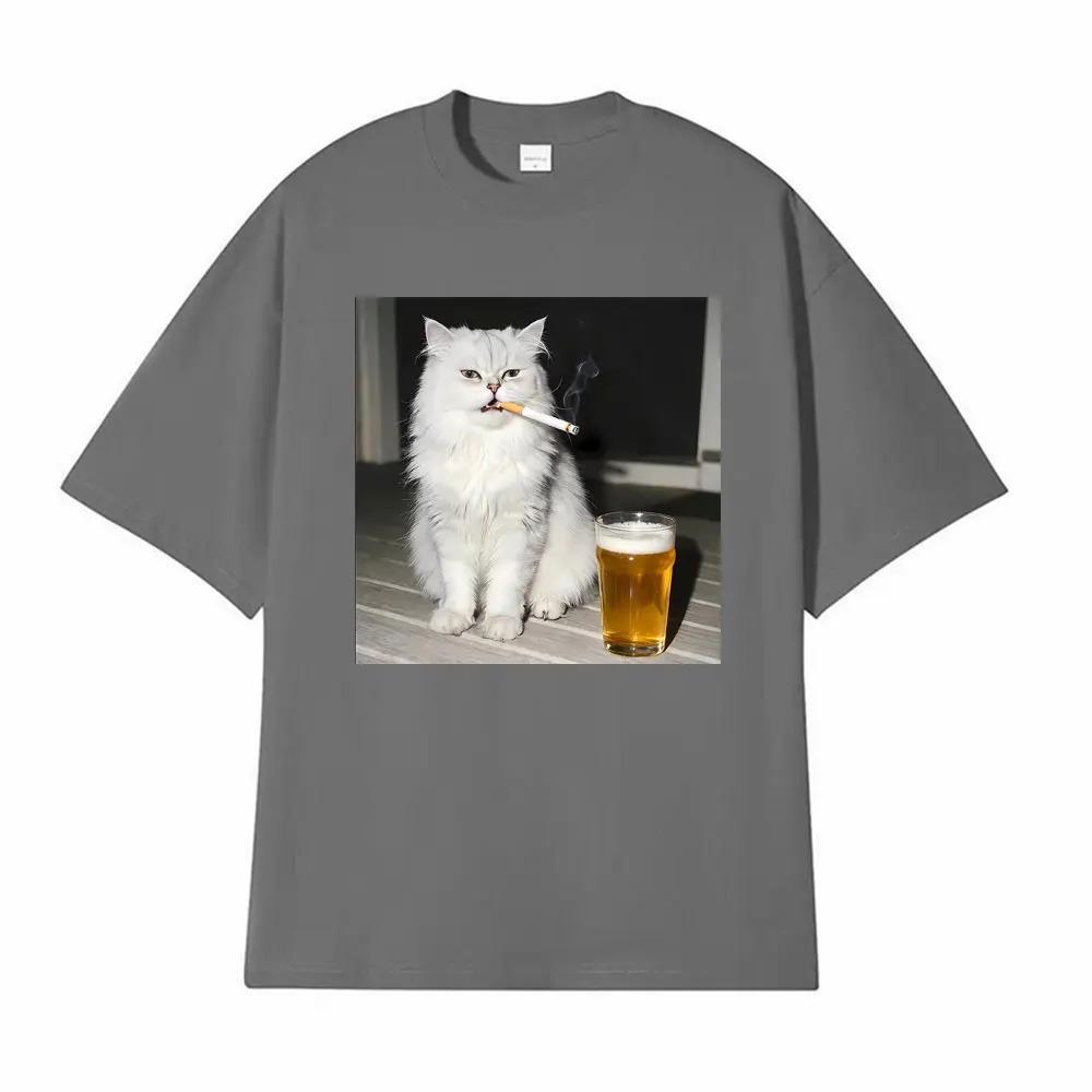 Fun Persian Cat Retro TShirt Smoking and Drinking Unisex Short Sleeve Casual Cool and Stylish Unisexs and Womens TShirt
