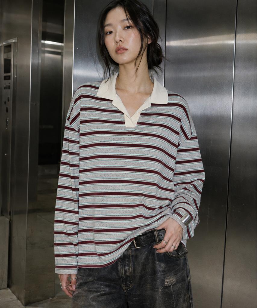MOAA Harbor Stripe Collar Tee (Melange Gray)