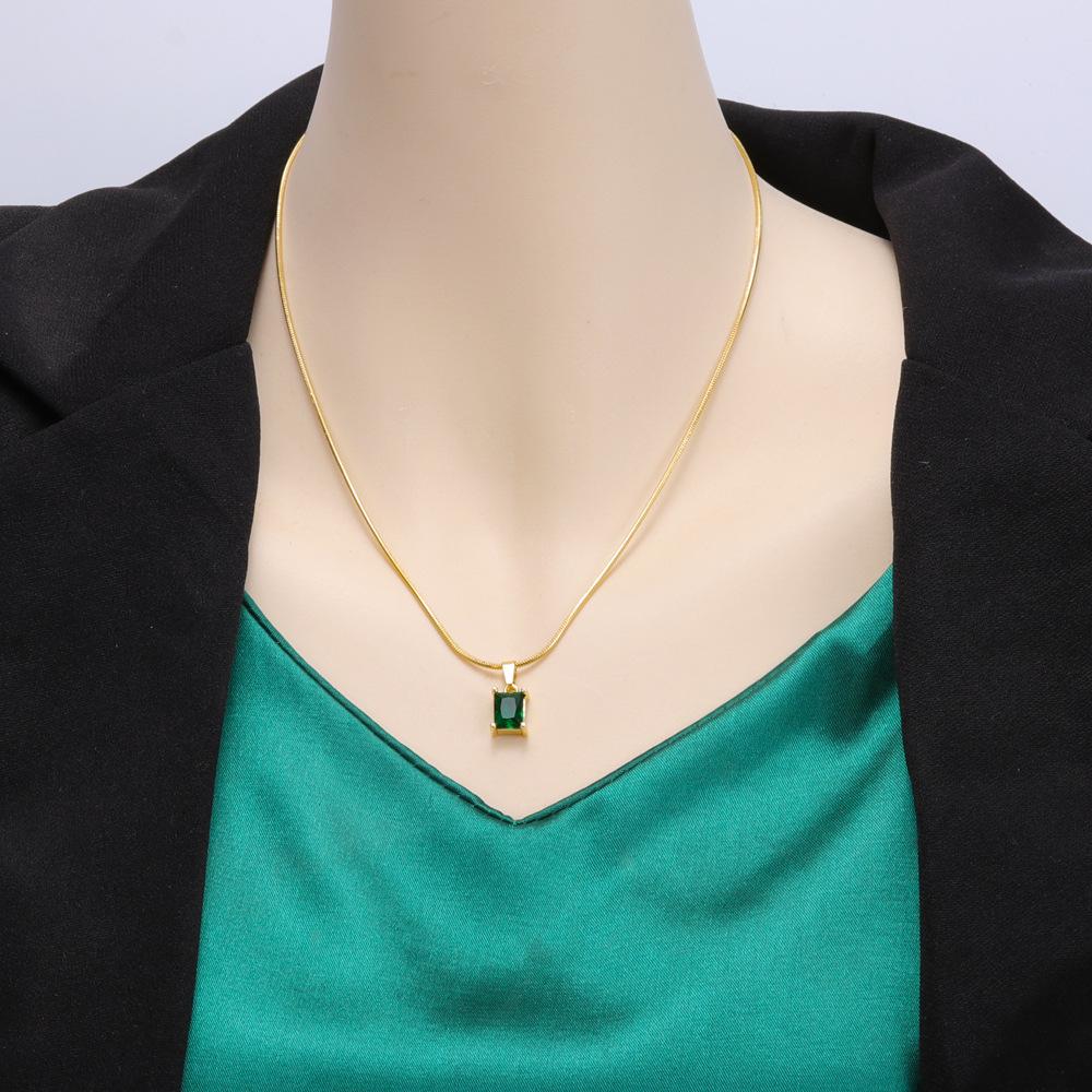 Emerald Necklace & Bracelet Set: Square Diamond, Stainless Steel with Round Snake Chain, Free Shipping
