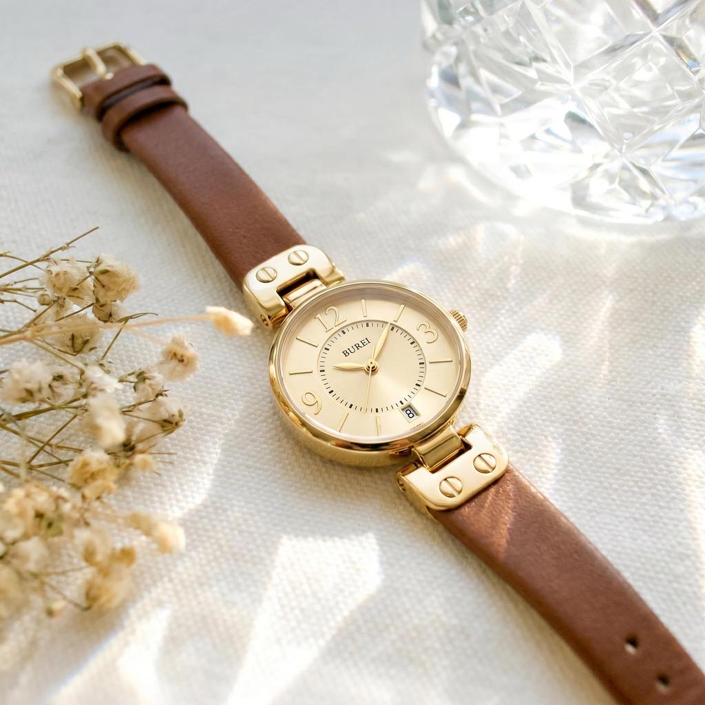 BUREI Japanese Quartz Simple and Leather Gift Idea Women's Watch, Movement, Stylish, Strap,