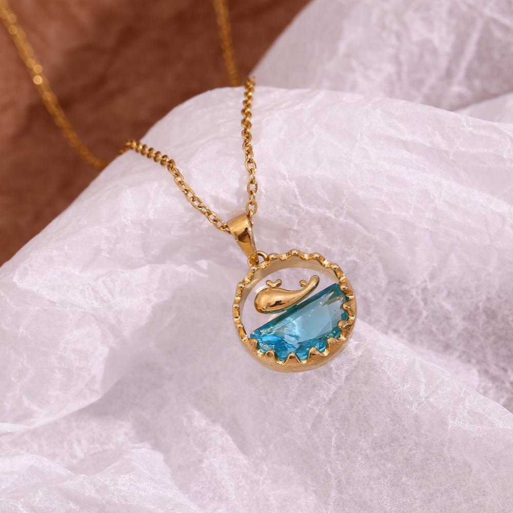 MamacitaSlay Cute Sea Spray Blue Whale Surrounded By Mountain Round Pendant O-Chain Stainless Steel Necklace Woman Jewelry Gift