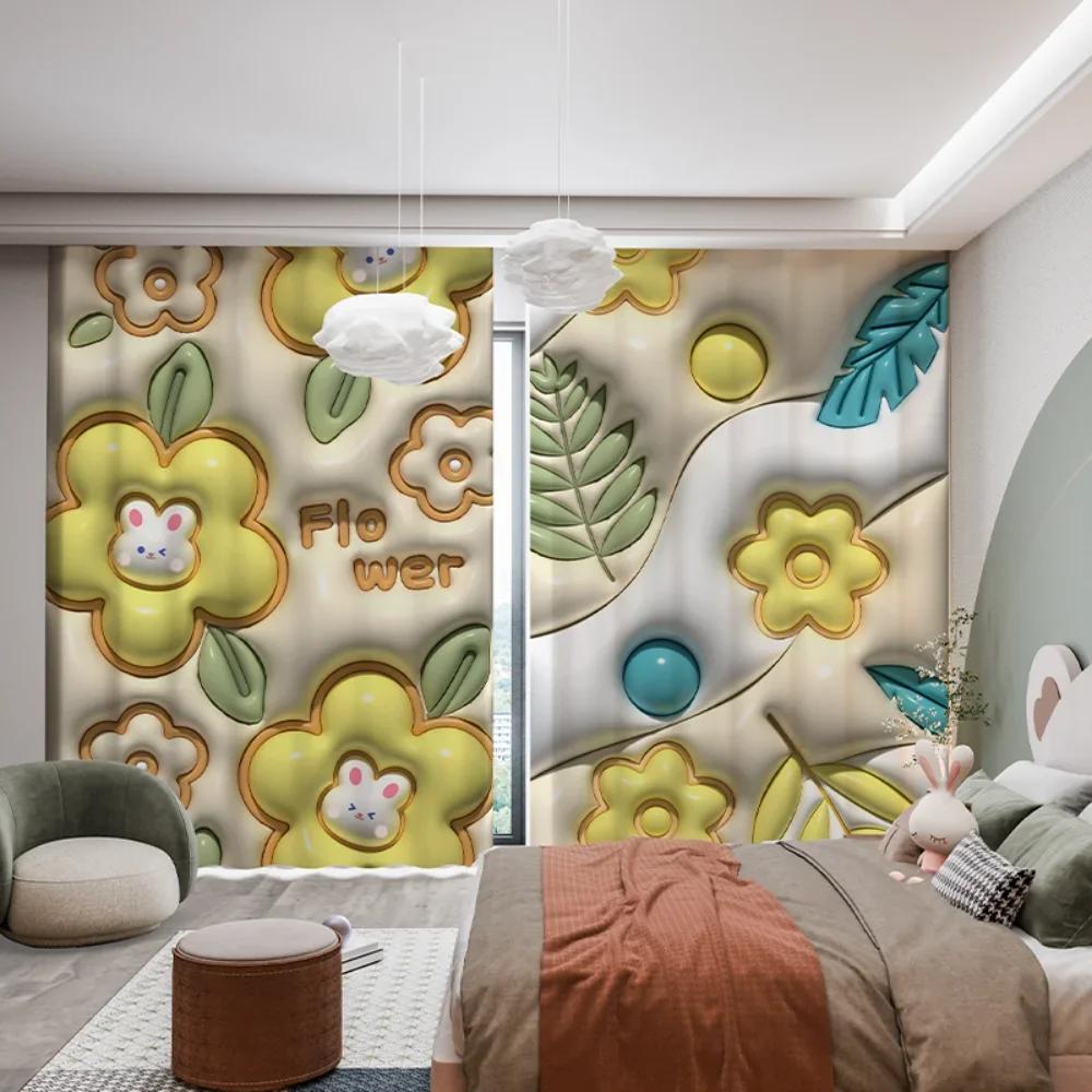 Cartoon Rabbit Clouds High Shading Curtain Fresh Ins 3D Children's Room Bedroom Bay Window Opening Living Room Blackout Curtains featuring Hook4