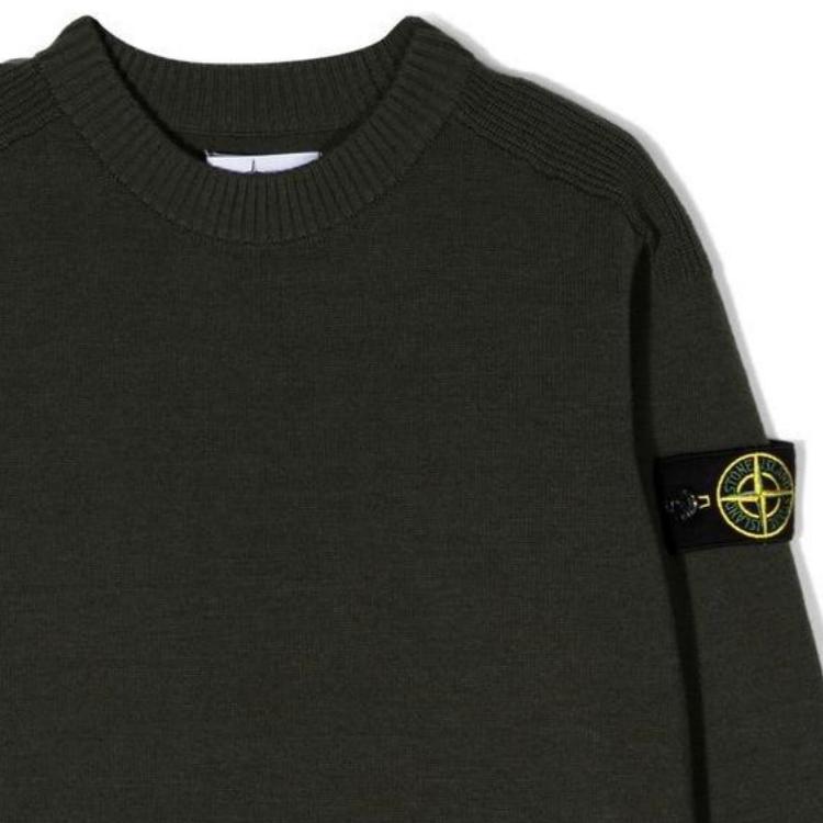 Stone Island Sweater Kids FW22 Solid Color Logo Embroidery Crew Neck Pullover Wool Sweater Kids sweater Green 7716505A7-V0058