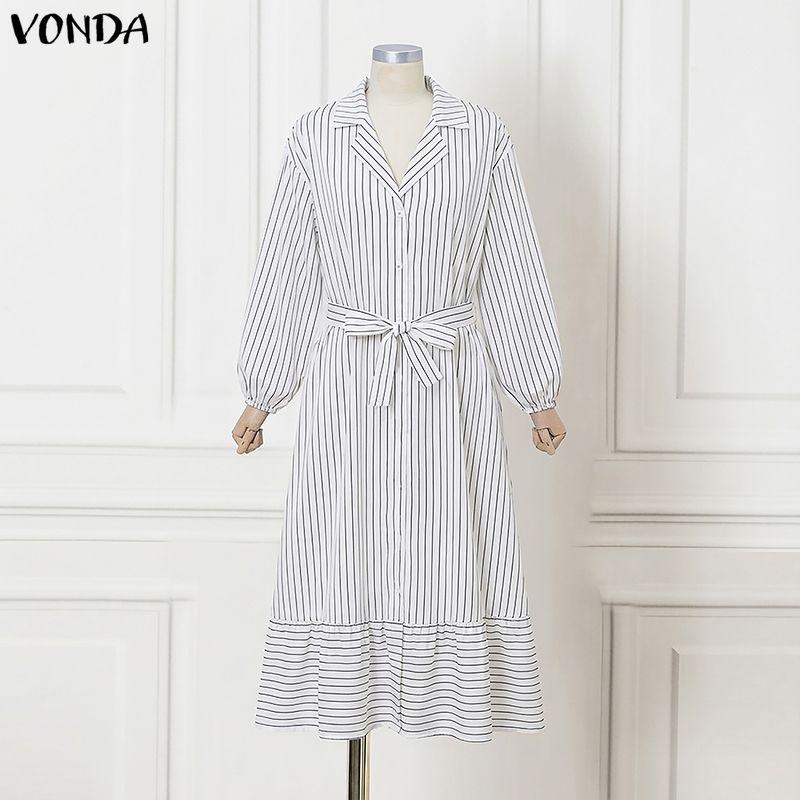 VONDA Elegant Women Lapel Neck Long Sleeve Striped Belt Casual Long Shirts Dress S чёрный