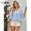 DX-Spring/Summer New Women's Fashion Solid Loose V-neck 3/4 Sleeve Top