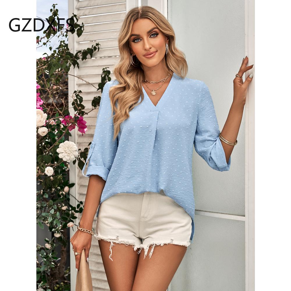 DX-Spring/Summer New Women's Fashion Solid Loose V-neck 3/4 Sleeve Top