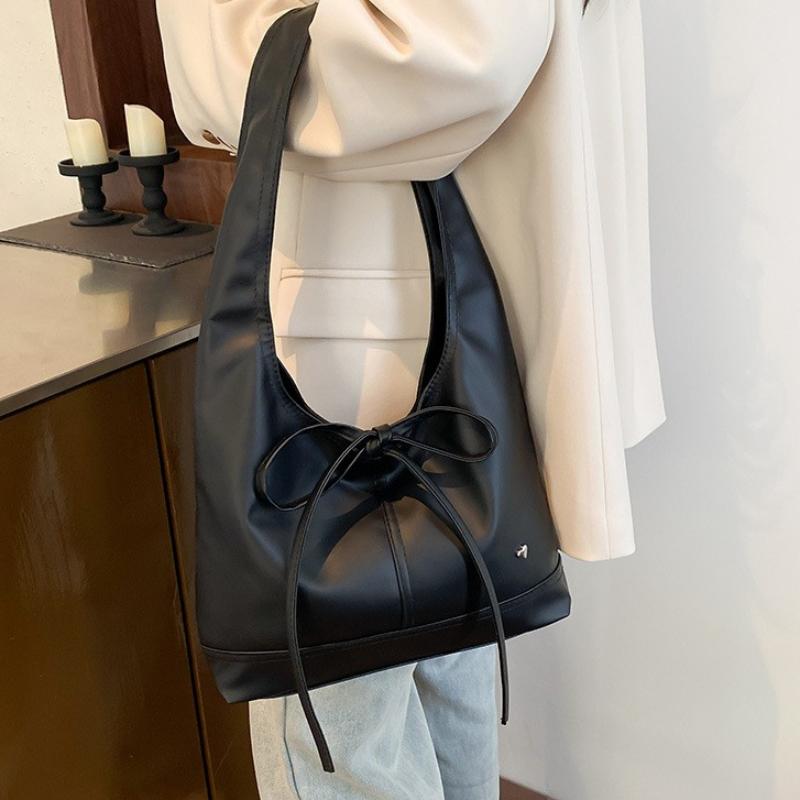 Korean Leather Hobo Bag Women's Bow Decorative Shoulder Bag Minimalist Solid Color Commuter Handbag Versatile Underarm Tote Bag