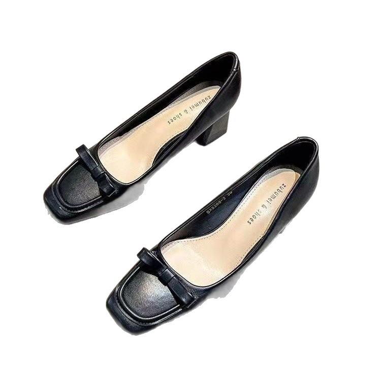 Versatile French Apricot Square Head Thick Heel High Heels, New Temperament Soft Leather Professional Light Mouth Single Shoes In Autumn 2025
