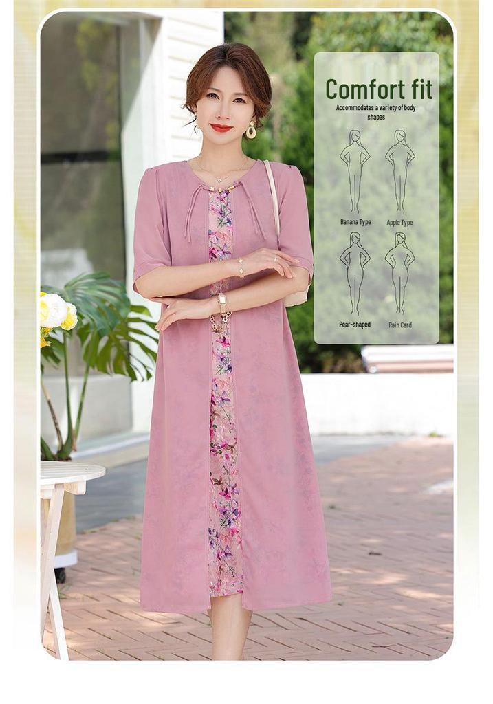 Mom's Summer New Chinese Short Sleeve Plus Size Chiffon Dress for Middle-Aged & Elderly Women - National Style Belly Cover