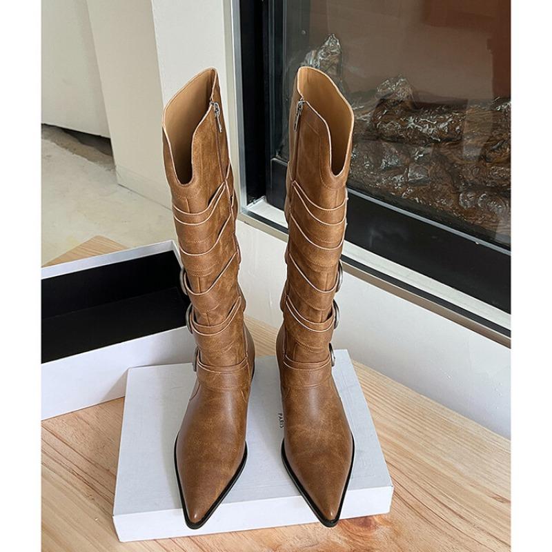 Fashion New Belt Buckle Combination Black Brown Western Cowboy Boots Women's Pointed Zipper 3.5cm Thick High Heels Knee High Boots 34-42