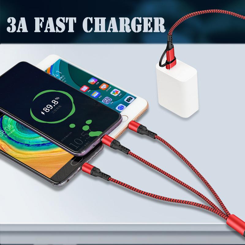 Nylon Braided 3 In 1 Multiple Usb Cable Adapter Super Fast Charging For Type-c Iphone Android
