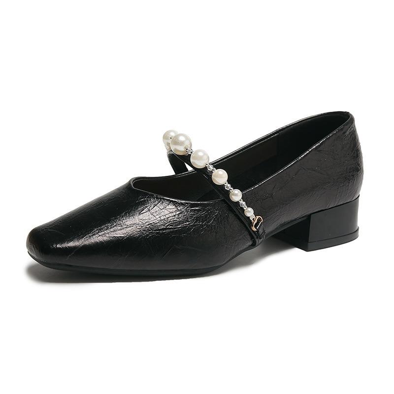 Spring New Simple Fashion Square Head Pearl Word with Shallow Mouth Single Shoes Versatile Fashion Mary Jane Shoes Women
