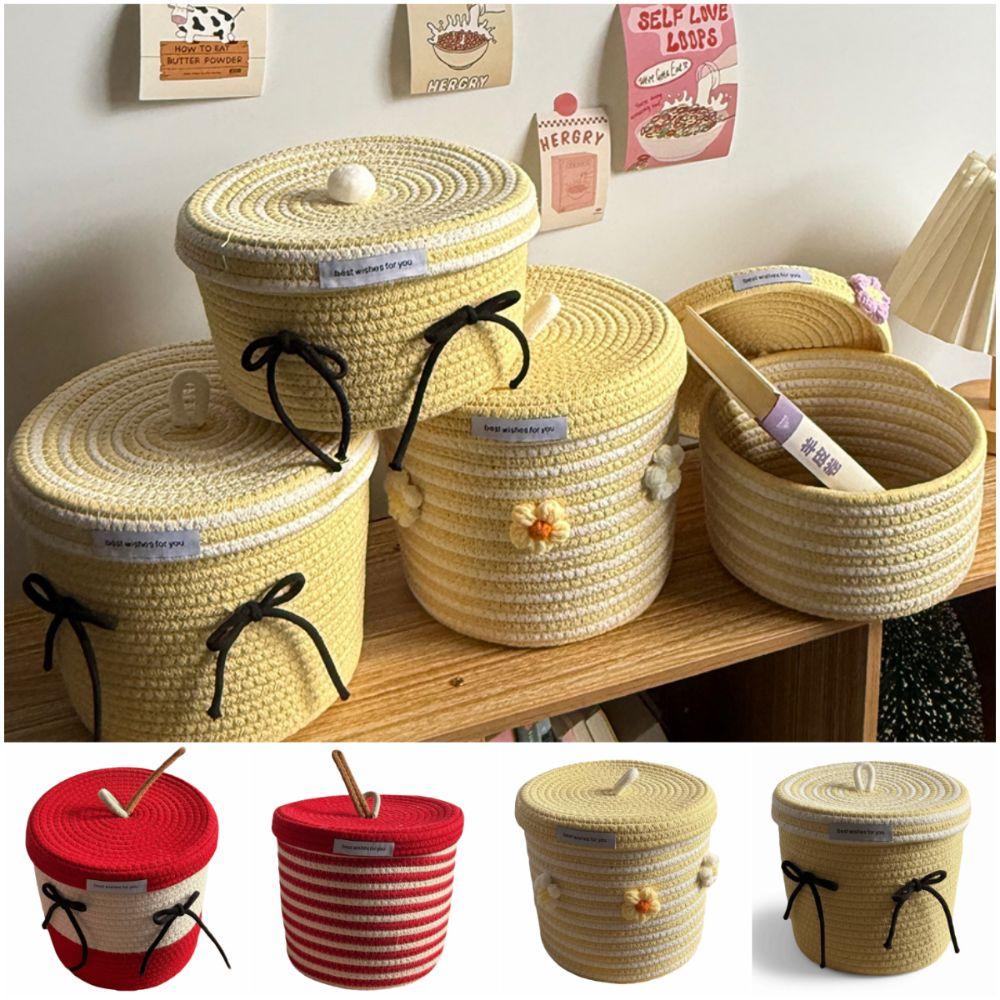 Red White Storage Basket Cotton Tead Woven Handmade Woven Basket Covered Style Versatile Function Covered Basket Storage Use