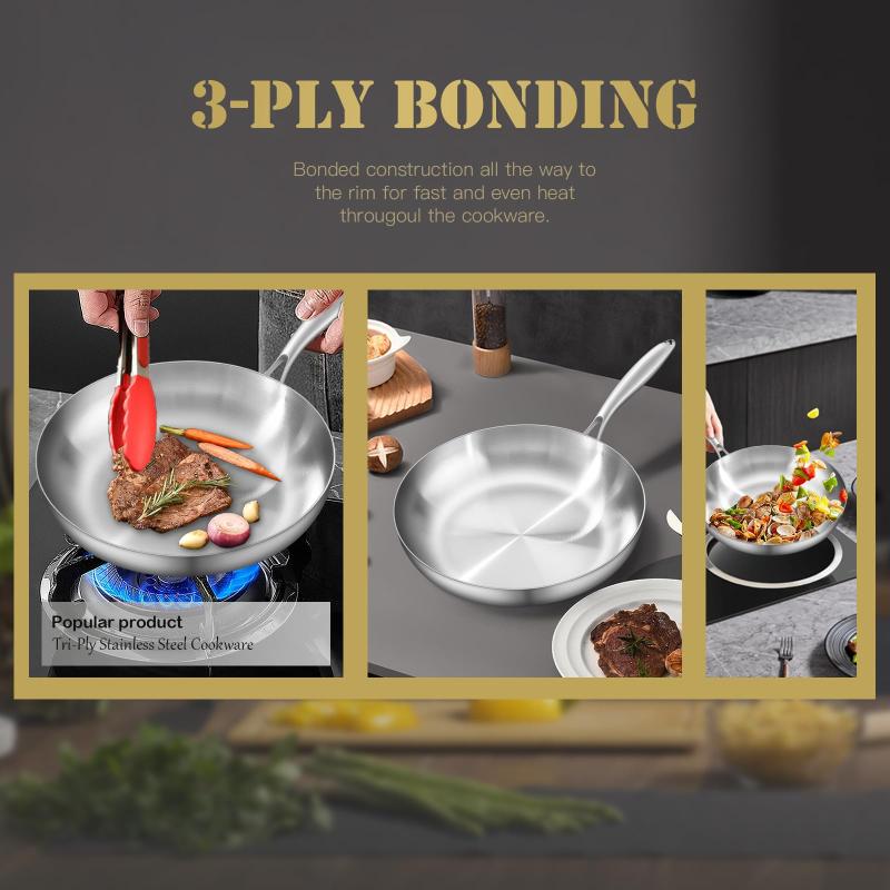Frying Pan 410 Stainless Steel Fast Heat Conduction Uncoated Fry Pan for Quick Daily Meal Cooking