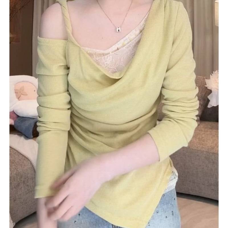 Spring Korean Style Womens Lace Spliced Top With Solid Color Design For Fashionable Outfits