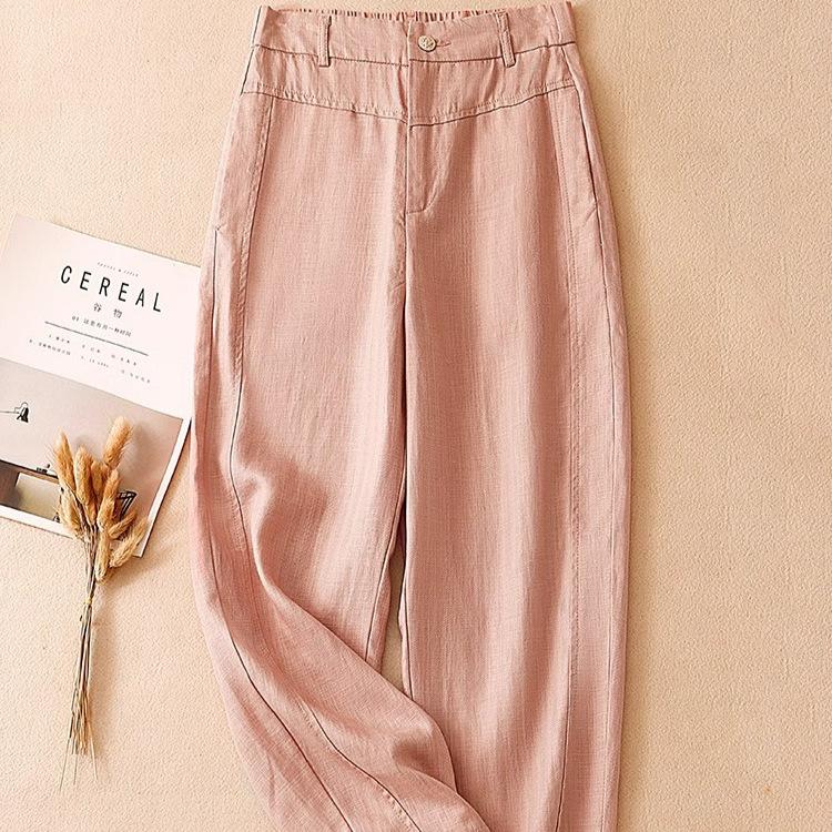 Women's Summer 2025 White Tencel High Waist Harem Pants - Lightweight Nine-Point Cotton Linen Carrot Straight Leg Design
