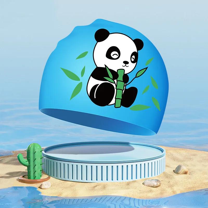 Nové chlapecké dívčí plavecké čepice Roztomilá kreslená panda Silikonová plavecká čepice Vysoce elastická Vodotěsná Dětské doplňky k bazénu Plavecká čepice
