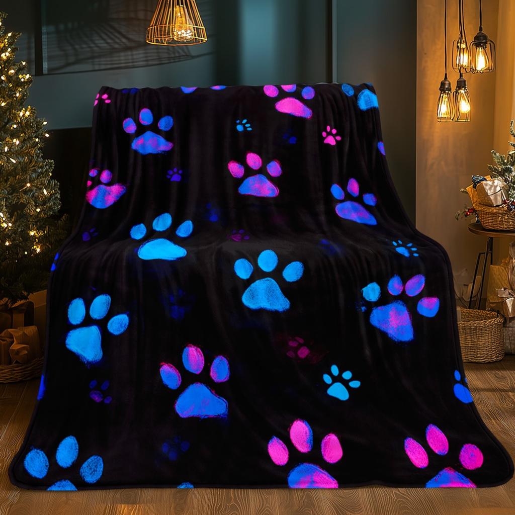 Neon Glow-in-the-Dark Paw Print Blanket | Soft Flannel All-Season Lightweight Throw for Bed, Sofa, Travel, Mixed Color, Contemporary Style W