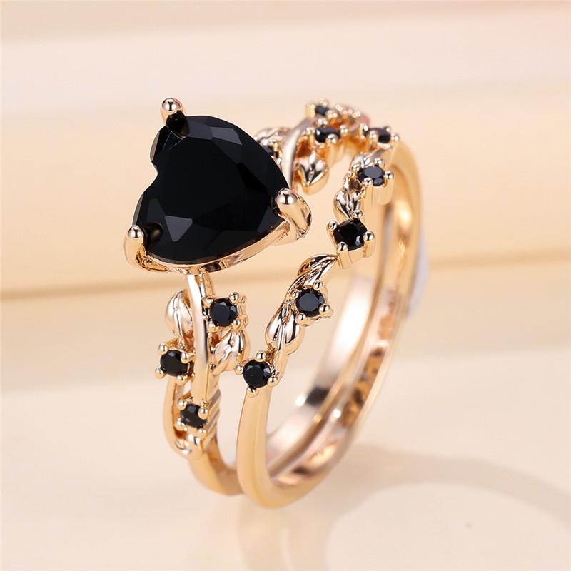 Female Crystal White Zircon Stone Heart Engagement Ring Set Luxury Gold Color Wedding Jewelry For Women