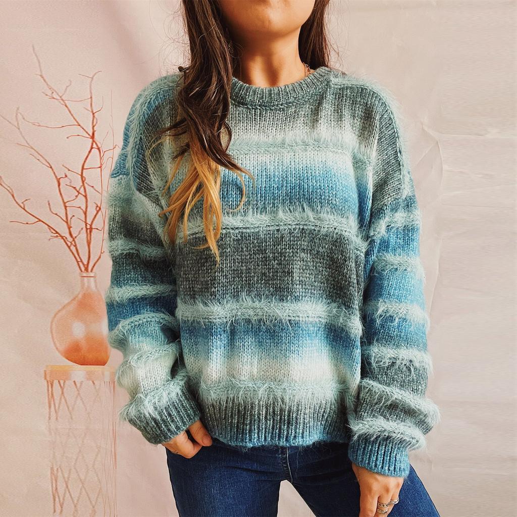 Autumn and winter loose gradient color striped imitation mink knitted round neck long sleeved pullover sweater for women 3557 KTB