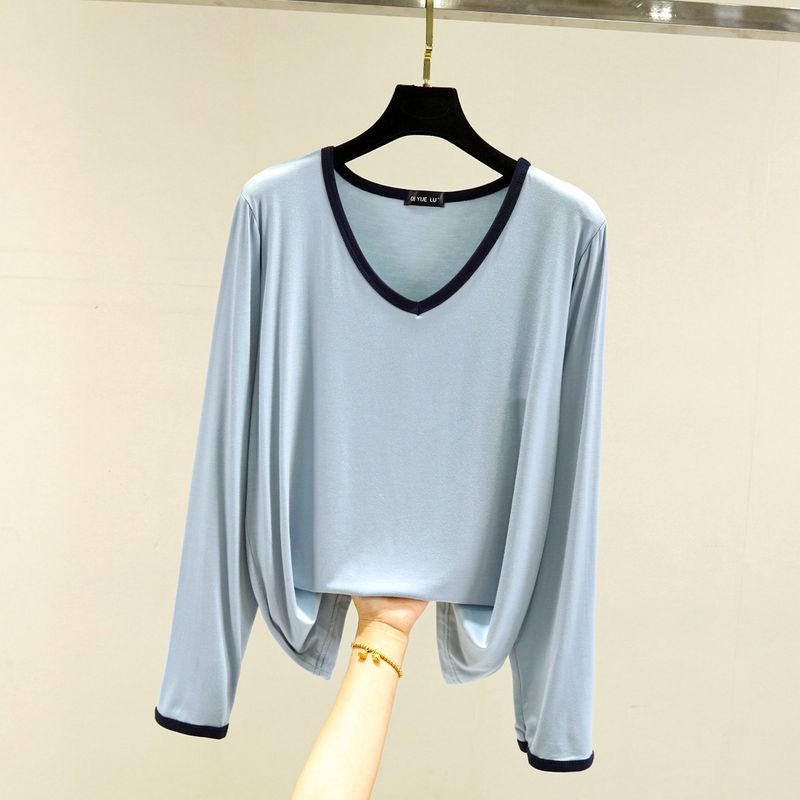 

Модальная футболка с длинным рукавом женская осенняя K-стиль уличная всесочетаемая с V-образным вырезом топы повседневная больших размеров для внутреннего слоя, облегающая, базовая футболка Sky Blue L (Recommendation 55.00 kg-65.00 kg