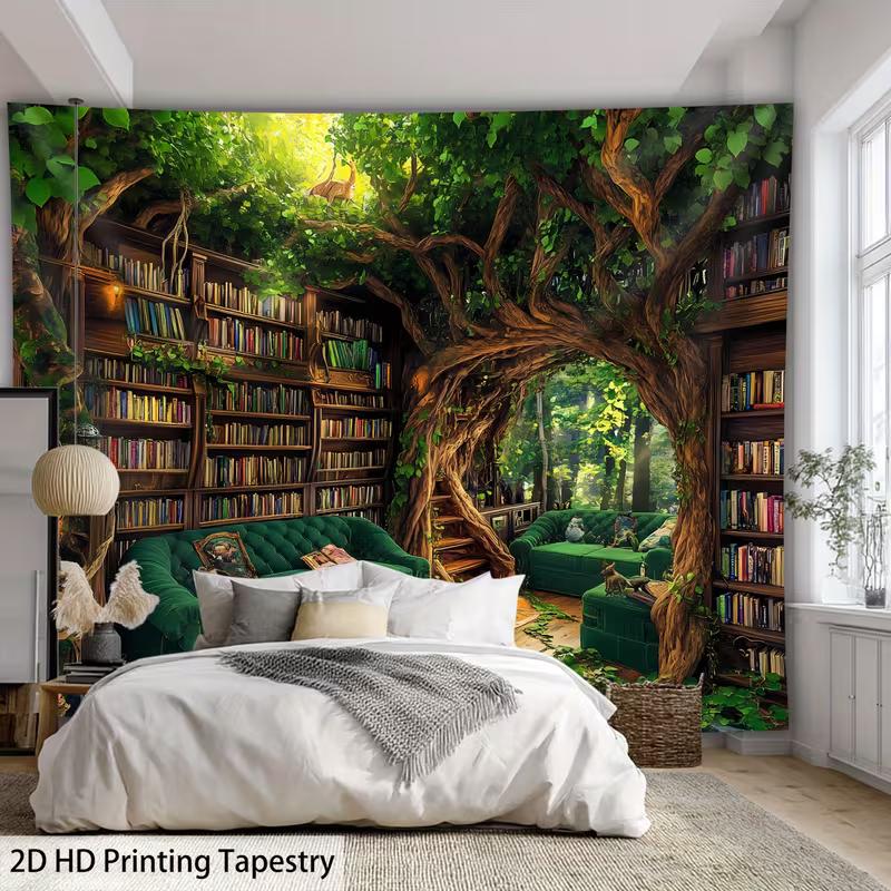 2D Magical Treehouse Library Tapestry Enchanted Forest Reading Nook Wall Hanging