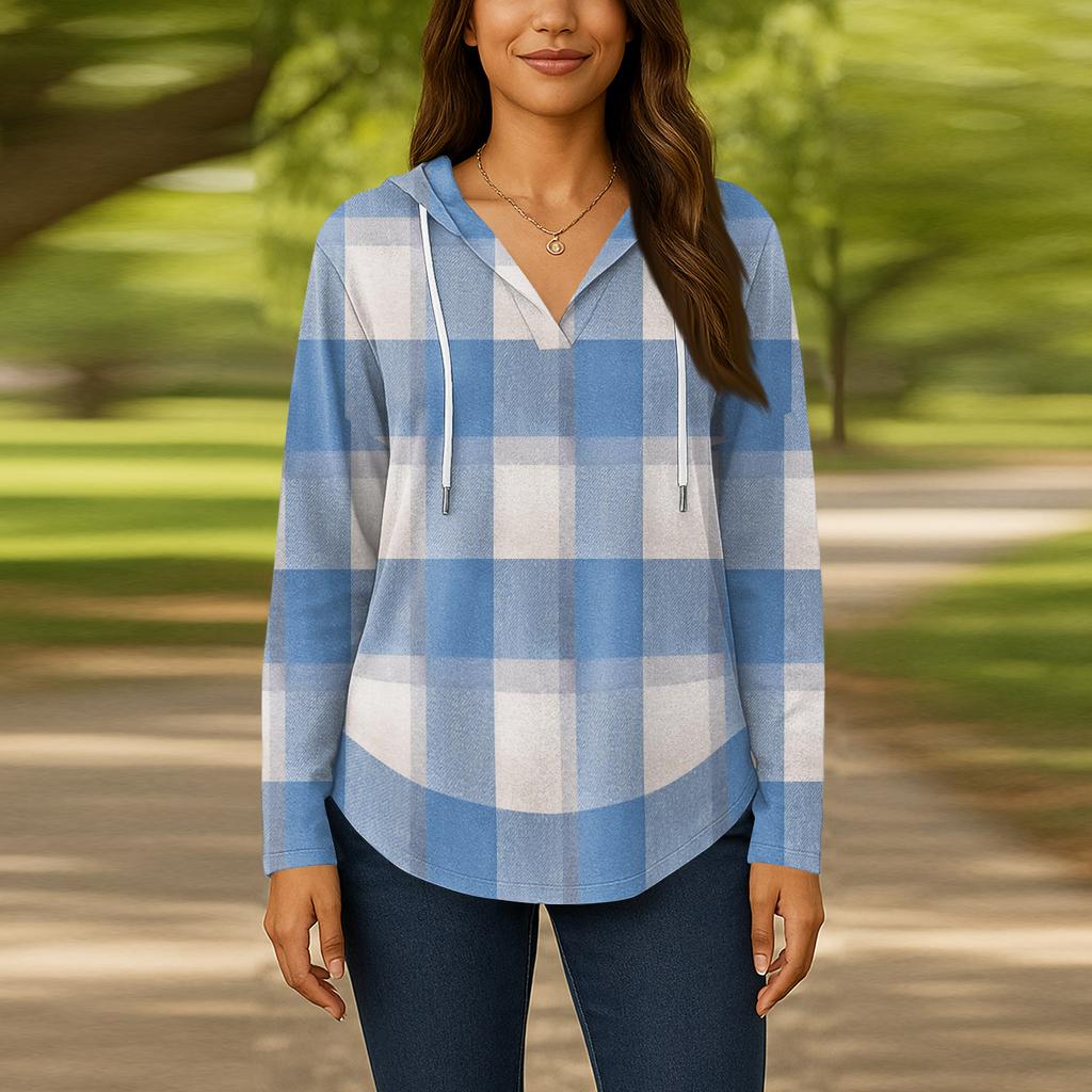 Damenmode Kapuzenpullover V-Ausschnitt Langarm Geblümter Kordelzug Lässig Locker Pullover Tops