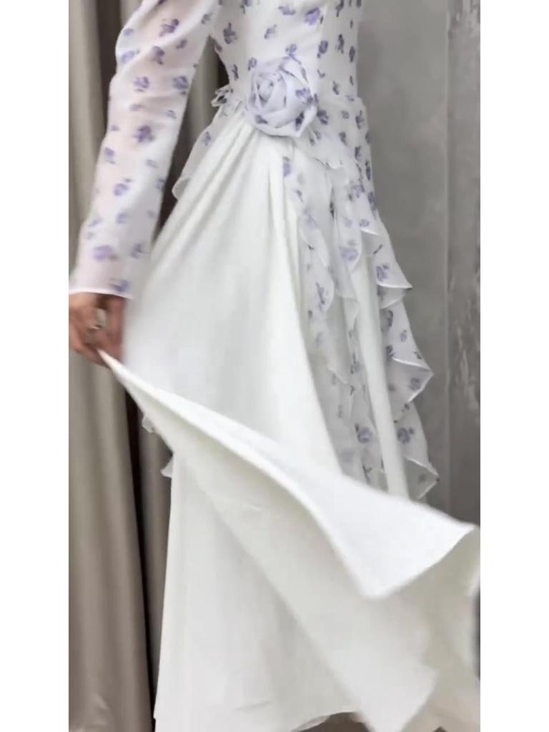 2025 Summer Floral Long Sleeve Maxi Dress - Elegant European & American Style