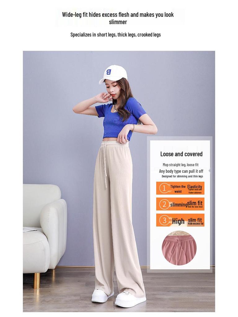 Pantaloni Larghi Estivi da Donna a Vita Alta in Seta Ghiacciata - Modellanti, Drappeggiati, Casual da Studentessa, Vestibilità Larga, Gamba Dritta Stretta.