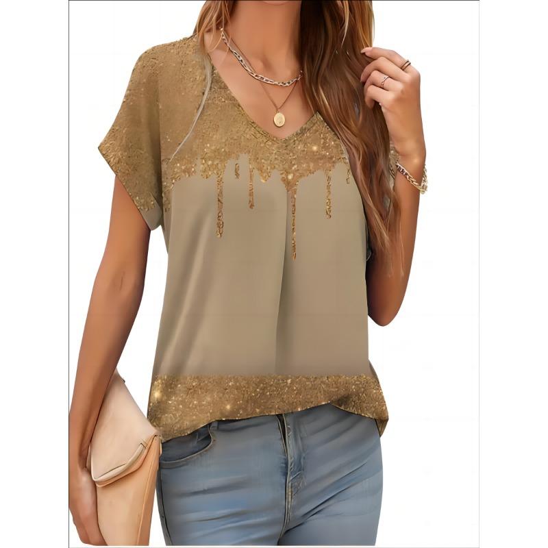 2026 New Summer Women T-shirt 3d Fashion Print Gradient Harajuku T Shirt Oversized Tee For Ladies Clothing New Short Sleeve V-Ne