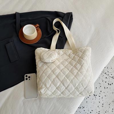 Robuste Baumwoll-Reißverschluss-Tragetasche Vielseitige Pendler-Schultertasche Diamant-Gitter Handheld-Einkaufstasche