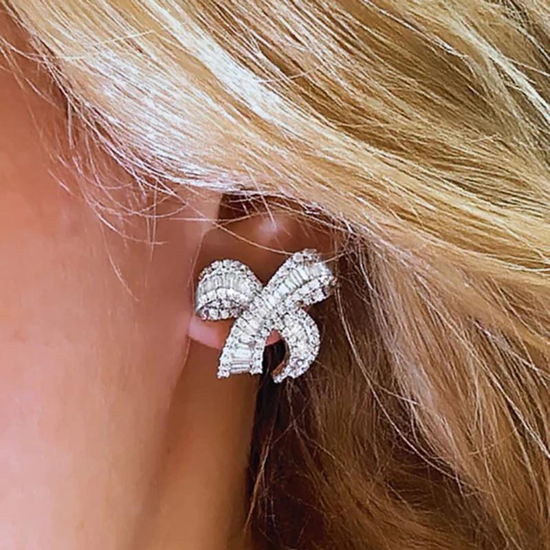 Sparkling Bow Design Stud Earrings Female Charming Elegant Piercing Accessories Graceful Exquisite Sweet Party Jewelry