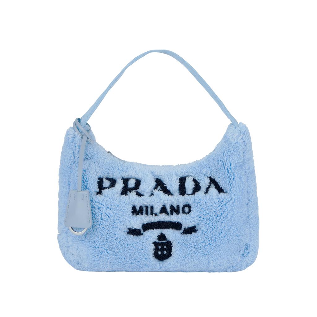 Prada Re-Edition Embroidered Logo Accent 2000 Soft Terry Fabric Hobo Shoulder Bag Mini Women bags Light-Blue Black 1NE515_2DXO_F0D4O