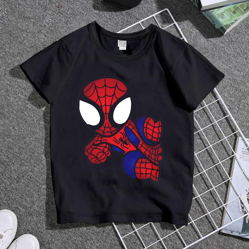 Summer Marvel Spider Unisex Cartoon Printed Tshirt Handsome Childrens Wear Pure Cotton Round Neck Personalized Parent Child Wear