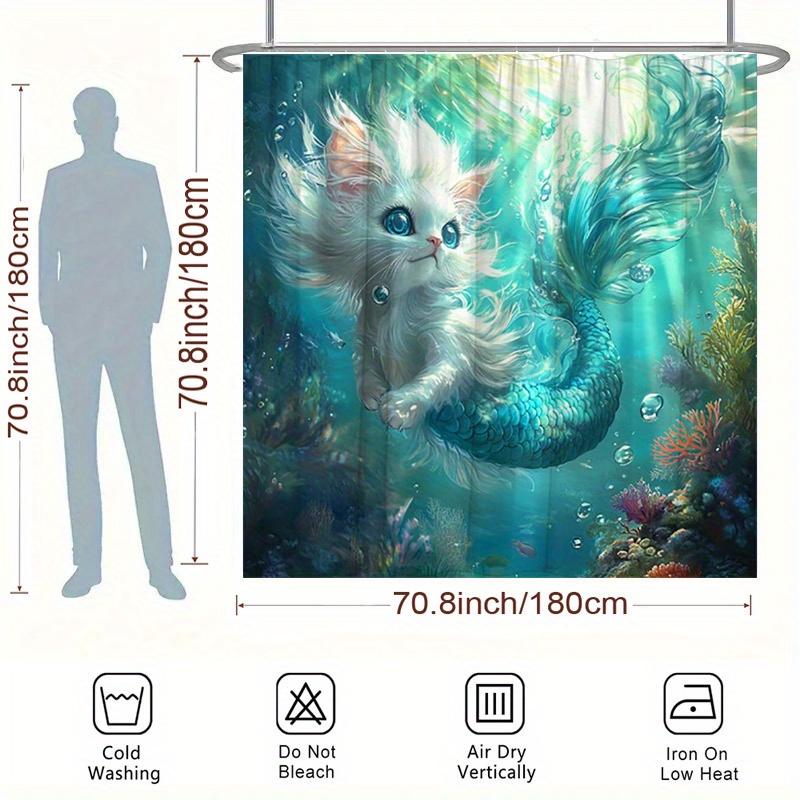 1pc Mermaid Kitten Shower Curtain - Ocean Scene, Fluffy White Cat, Colorful Coral, Polyester,12 Hooks, Enchanting Design