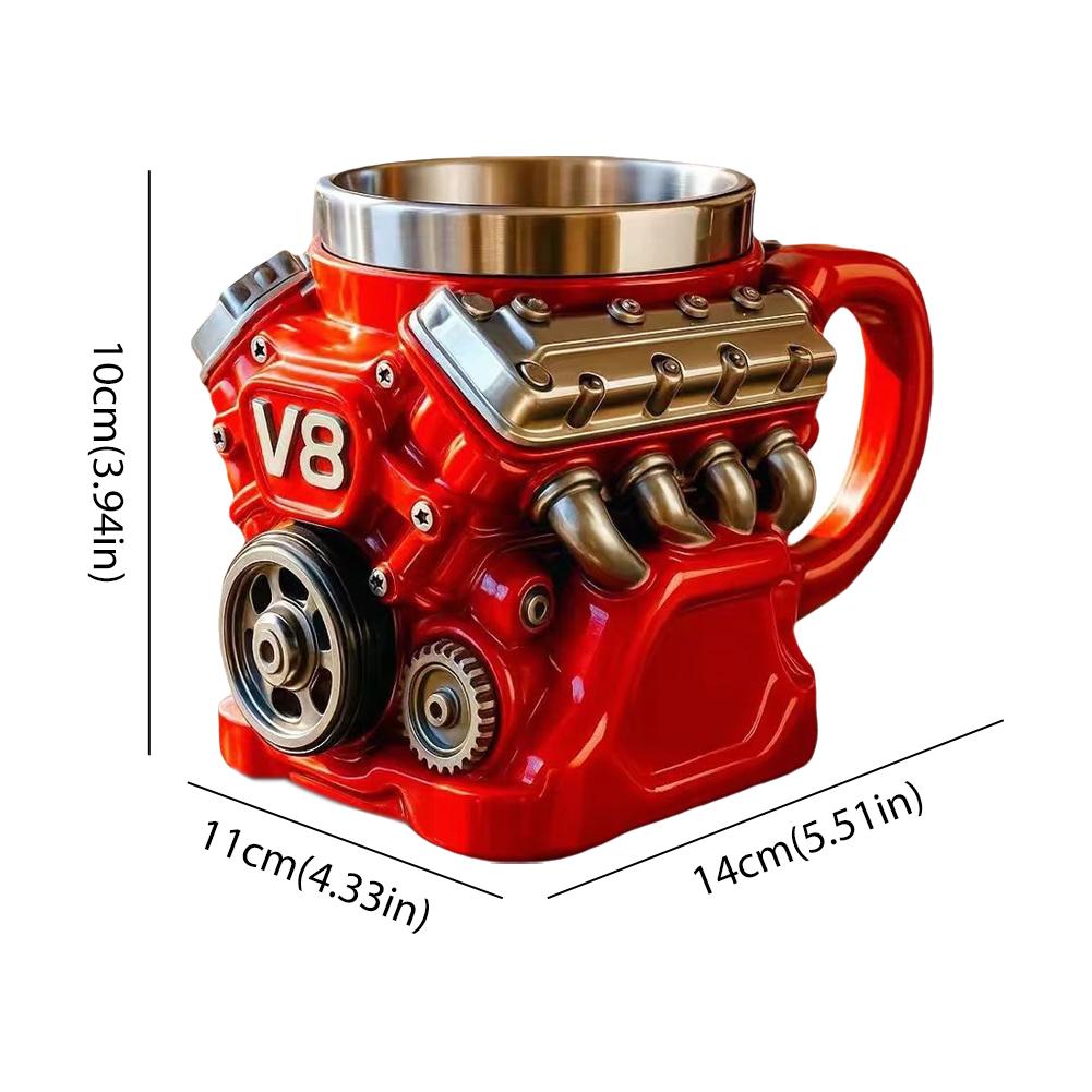 300ml V8/V6 Retro Engine Stainless Steel 3D Coffee Mug,Resin Creative Engine Shaped Cup,Gifts For Car Enthusiasts