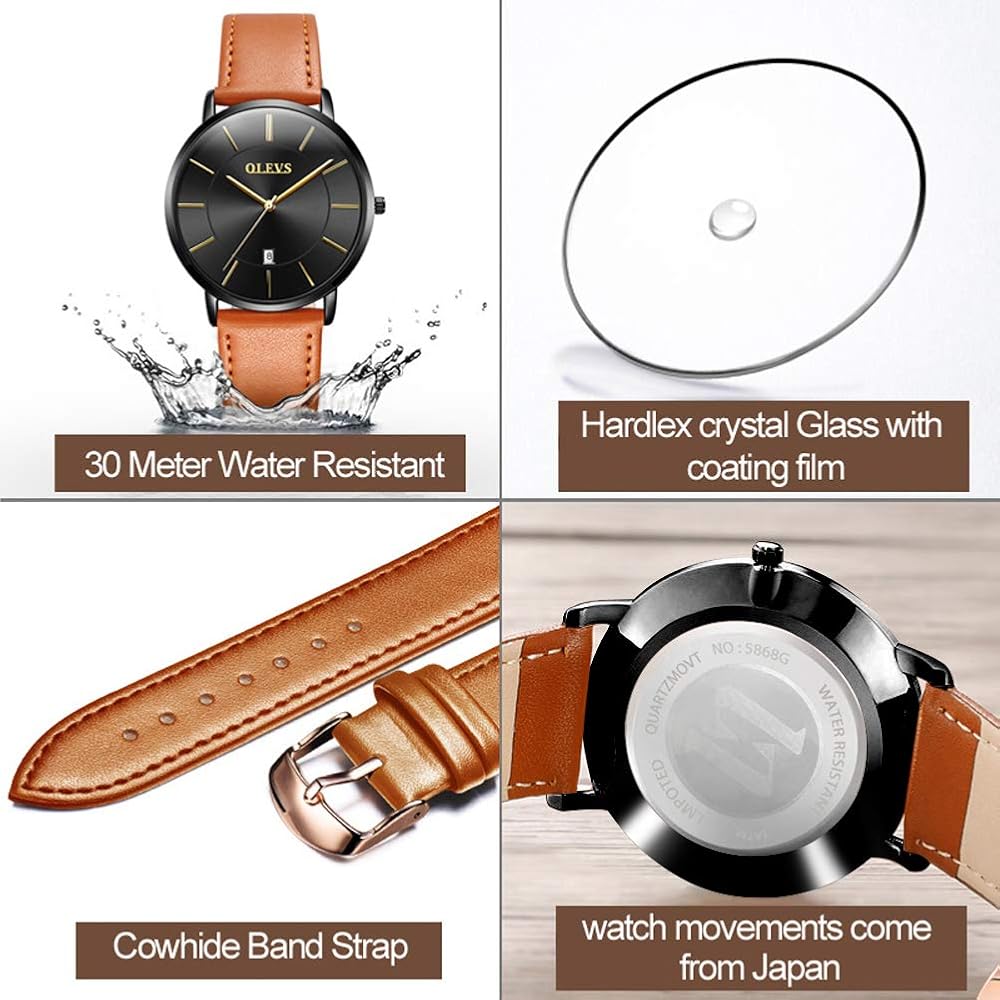 YPF OLEVS Men's Retro Quartz Watch 6.5mm Steel Bezel Leather Band Waterproof Date Dial Black Brown Yellow
