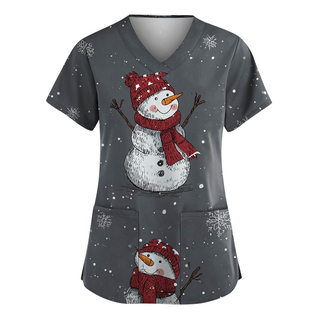 Dammode V-ringad Kortärmad Arbetskläder Med Fickor Jultryck Topp Vårdgivare Uniform